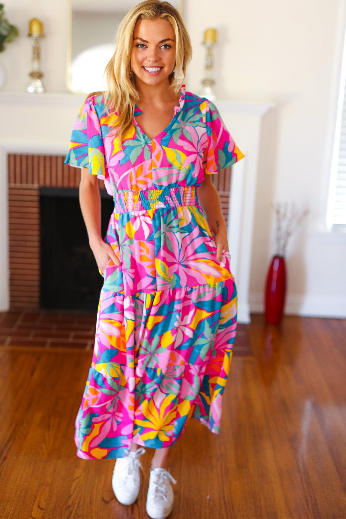 Haptics Tropical Trance Fuchsia Floral Smocked Waist Maxi Dress