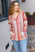 Haptics Coral & Sienna Stripe Pullover Notched Neck Hoodie