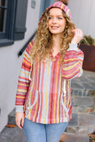 Haptics Coral & Sienna Stripe Pullover Notched Neck Hoodie