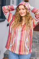 Haptics Coral & Sienna Stripe Pullover Notched Neck Hoodie