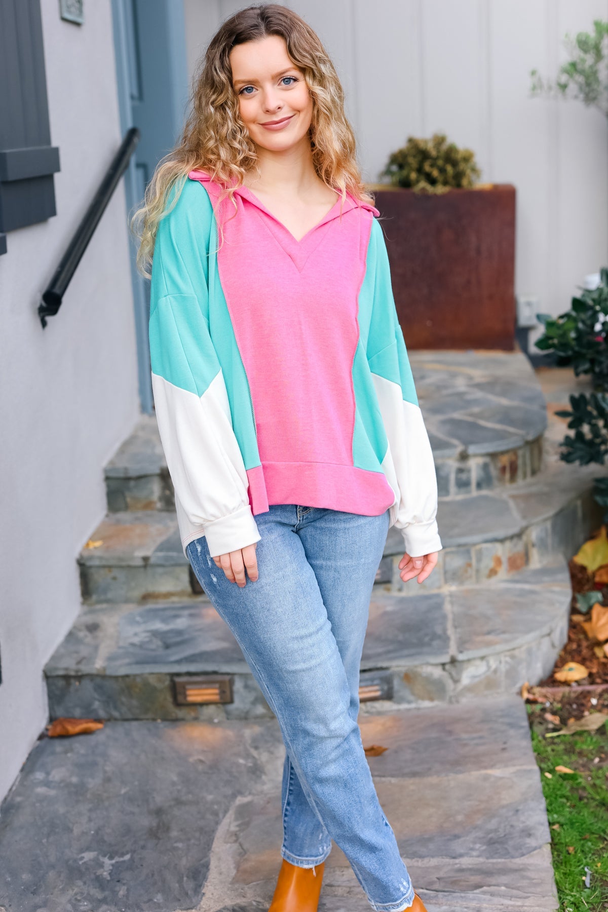 Haptics Stand Out Hot Pink & Mint V Neck Collared Terry Color Block Top Final Sale Haptics