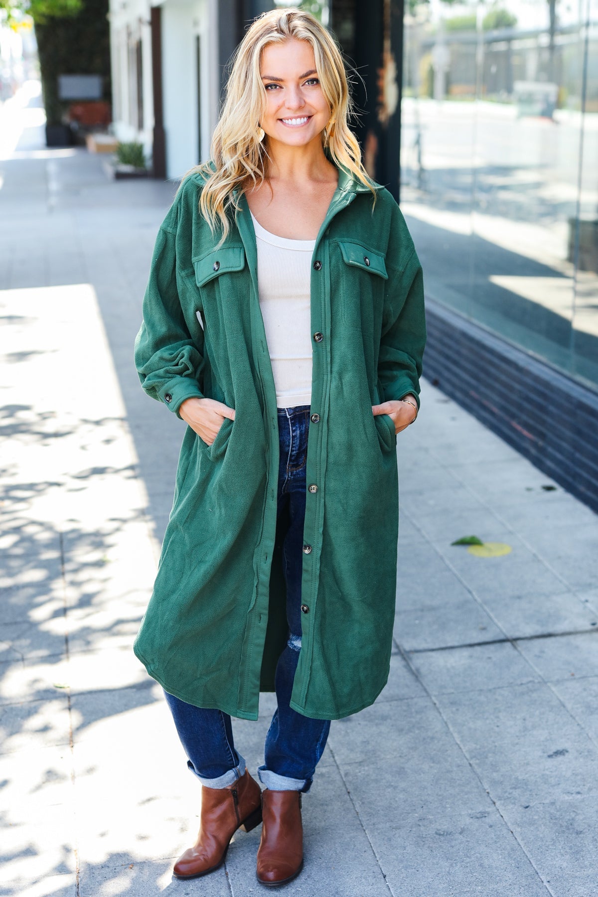 BiBi Turn Heads Forest Green Fleece Button Down Duster Jacket BIBI