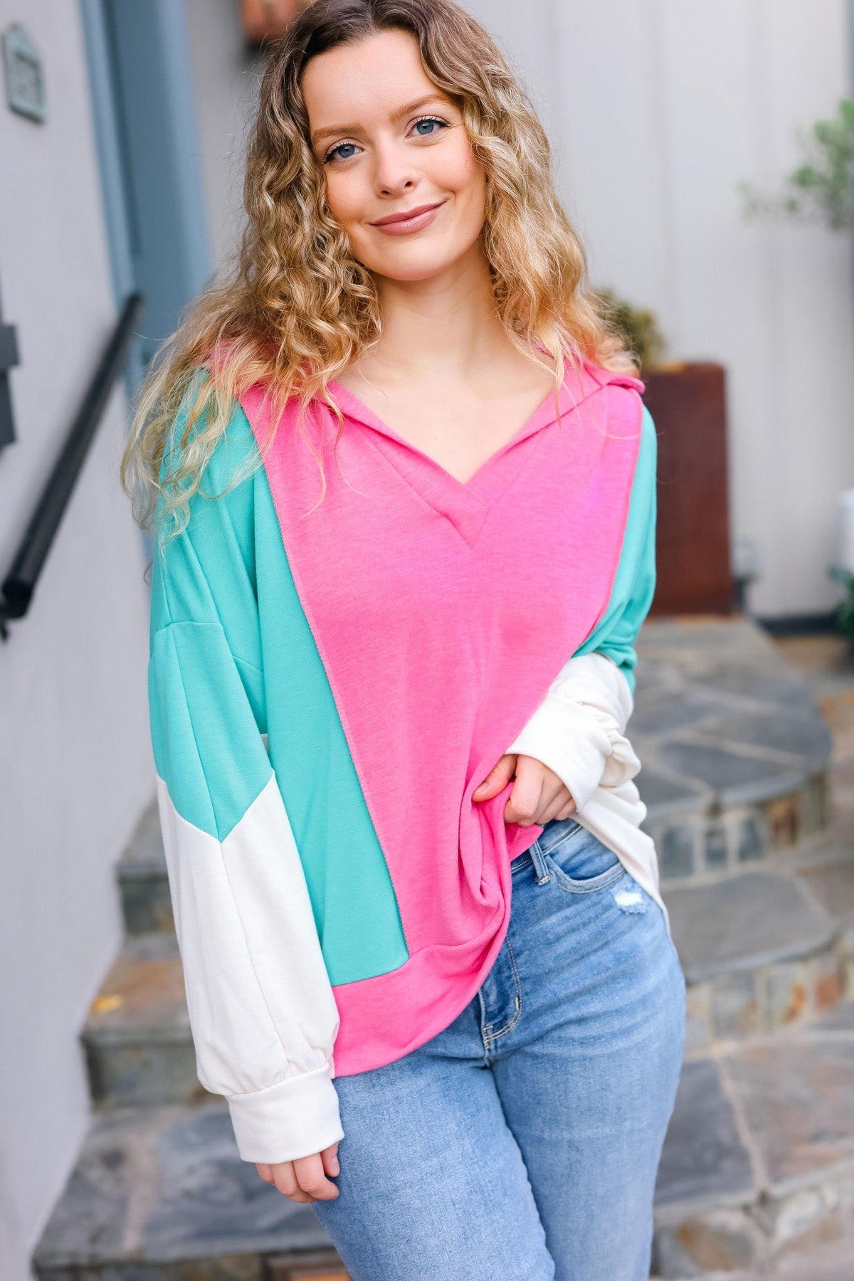 Haptics Stand Out Hot Pink & Mint V Neck Collared Terry Color Block Top Final Sale Haptics