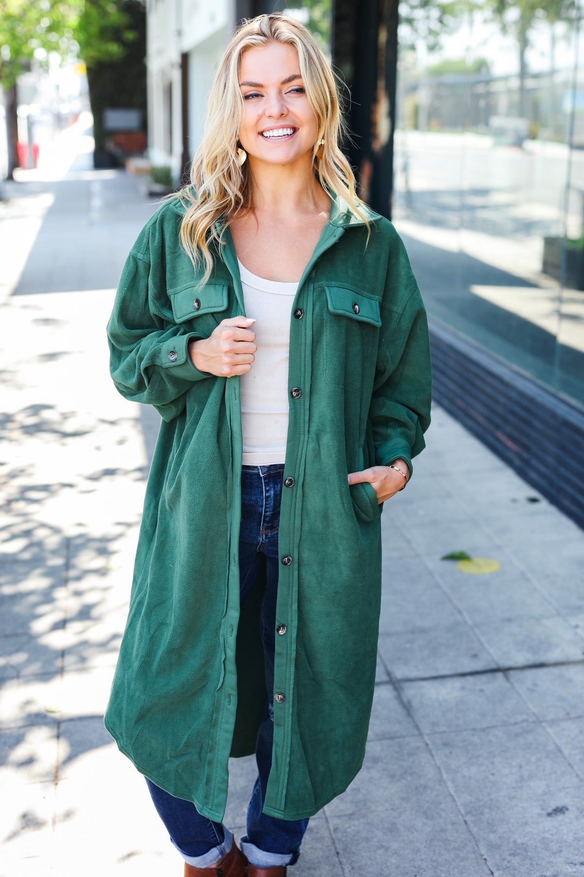 BiBi Turn Heads Forest Green Fleece Button Down Duster Jacket BIBI