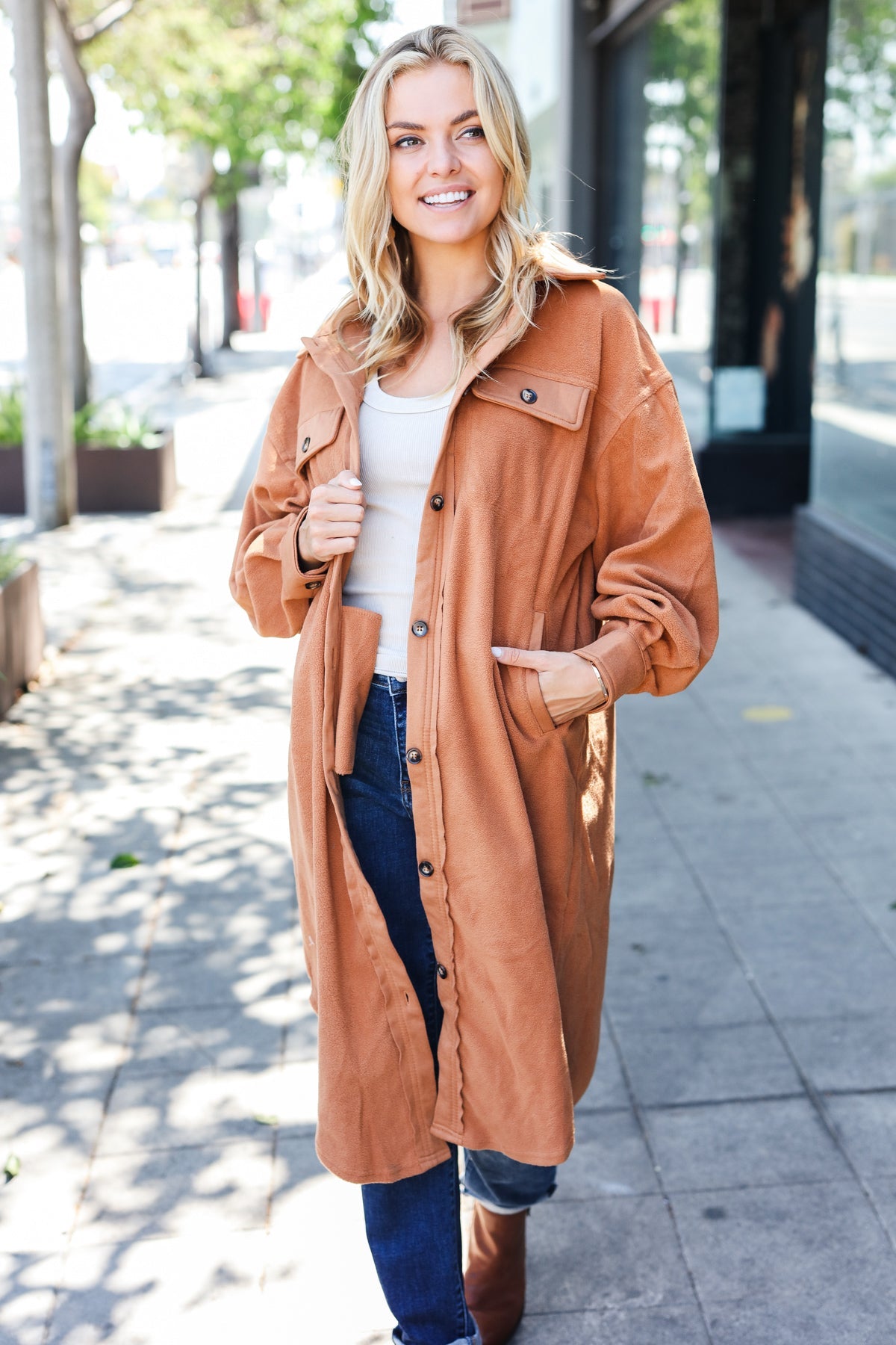 BiBi Turn Heads Camel Fleece Button Down Duster Jacket BIBI