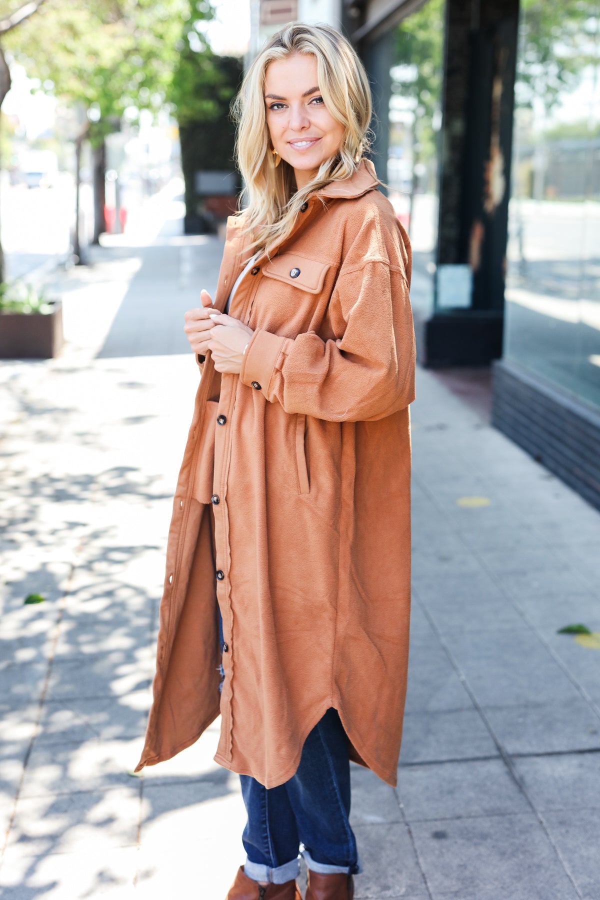 BiBi Turn Heads Camel Fleece Button Down Duster Jacket BIBI