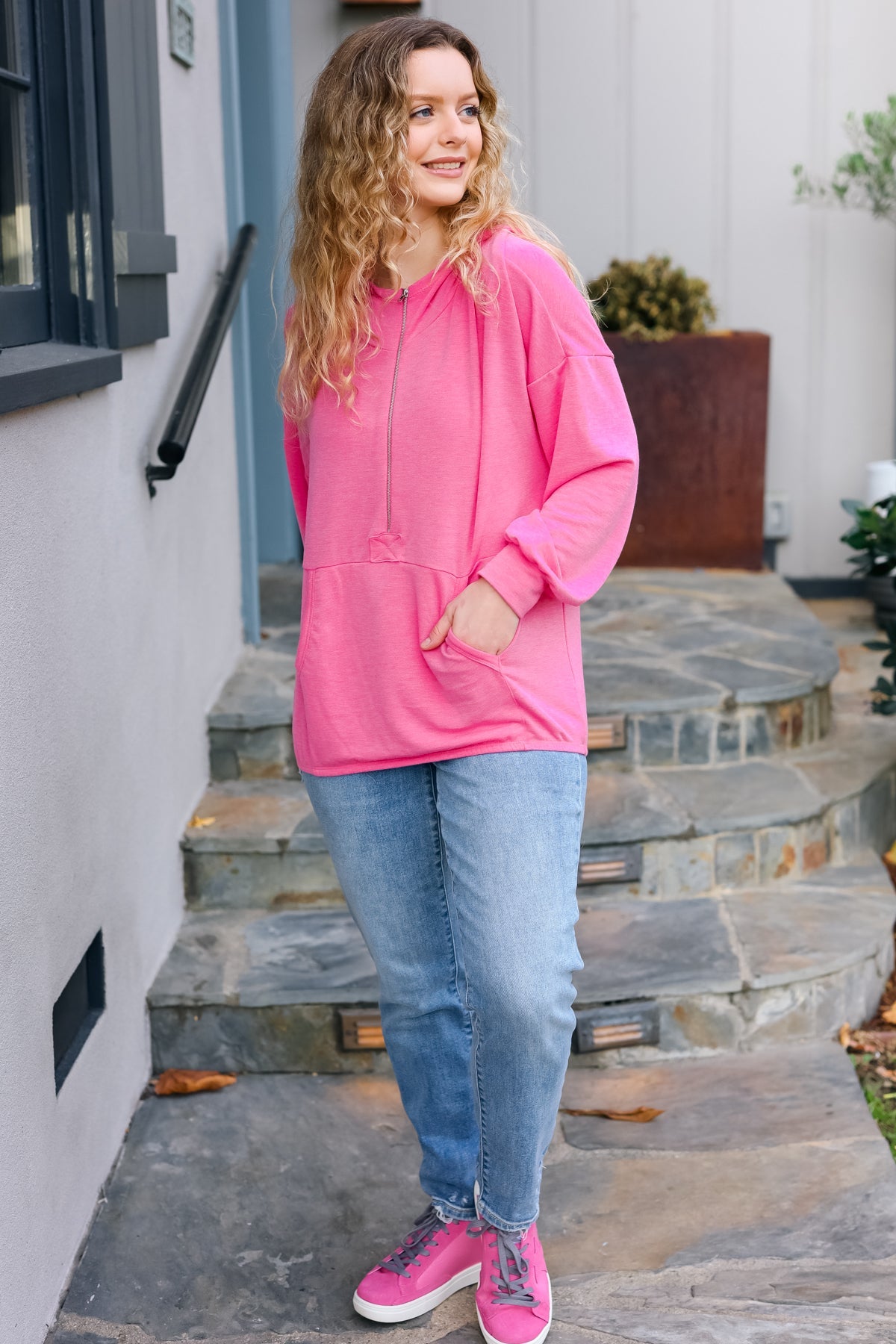 Haptics Ready to Relax Hot Pink Half Zip French Terry Hoodie Final Sale Haptics