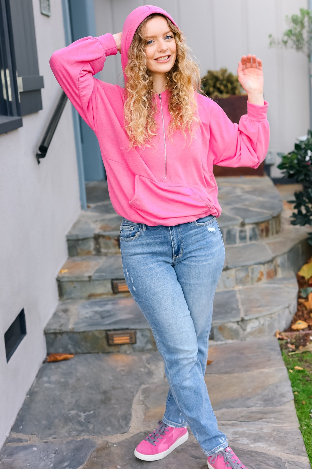 Haptics Ready to Relax Hot Pink Half Zip French Terry Hoodie Final Sale Haptics