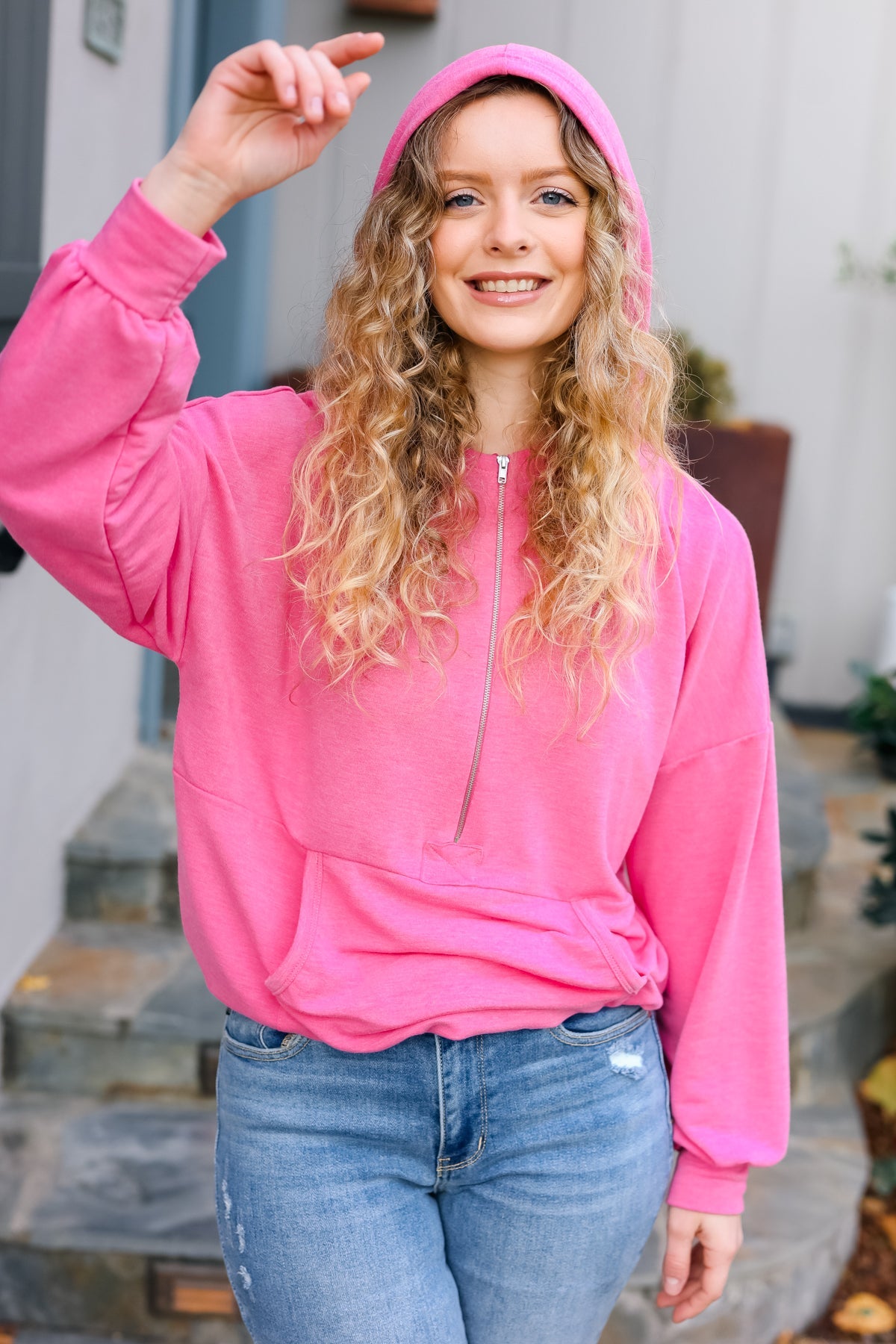 Haptics Ready to Relax Hot Pink Half Zip French Terry Hoodie Final Sale Haptics