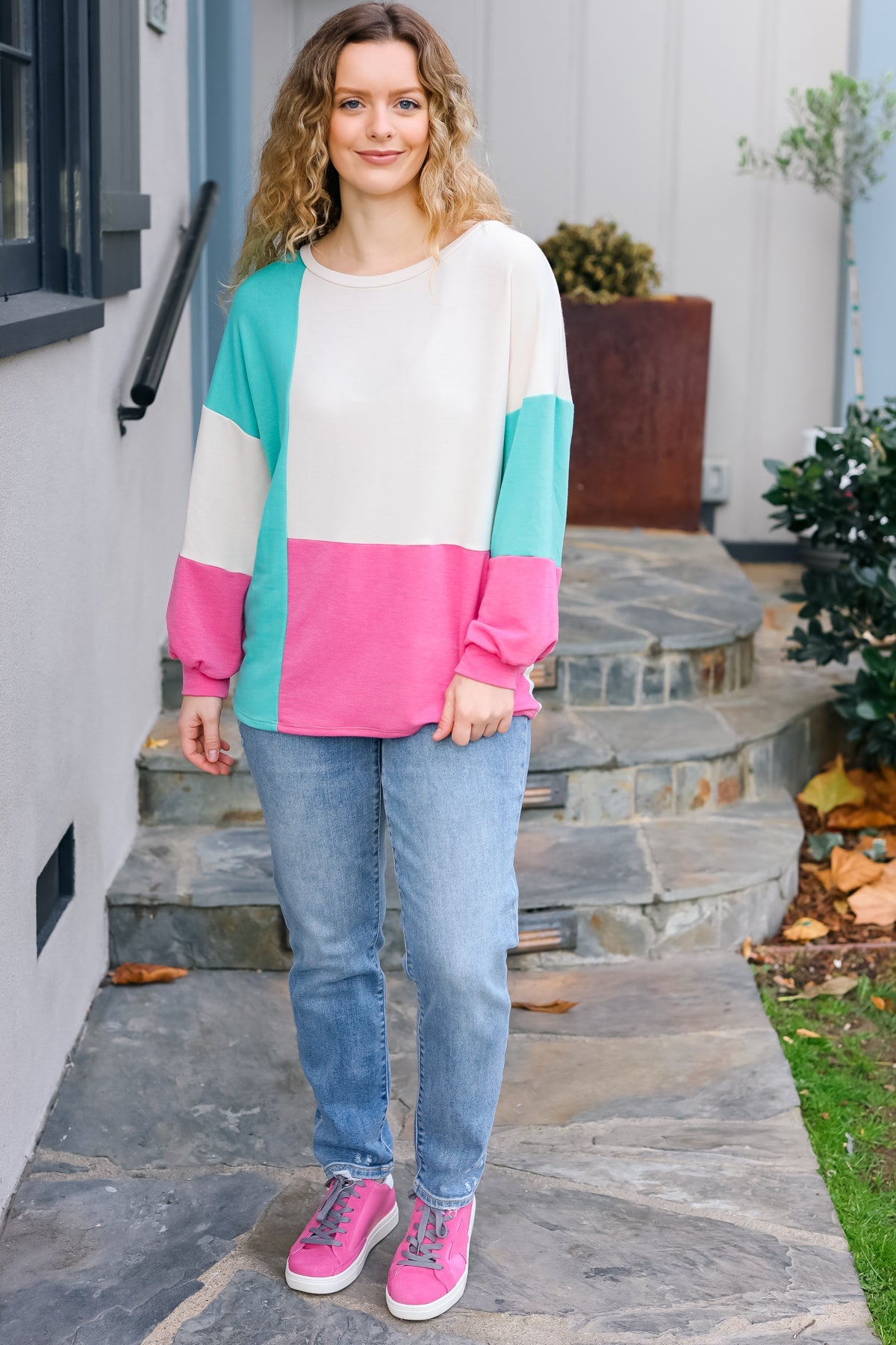 Haptics The Slouchy Mint & Pink Drop Shoulder Terry Color Block Top Final Sale Haptics