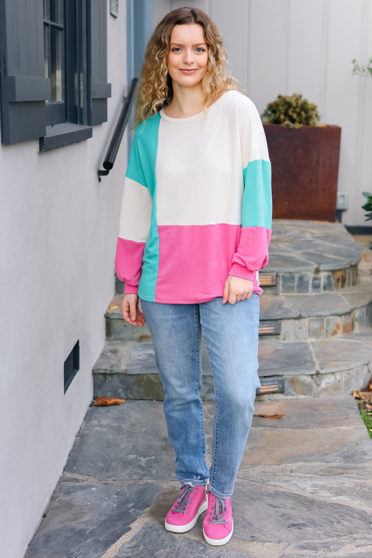 Haptics The Slouchy Mint & Pink Drop Shoulder Terry Color Block Top Final Sale Haptics