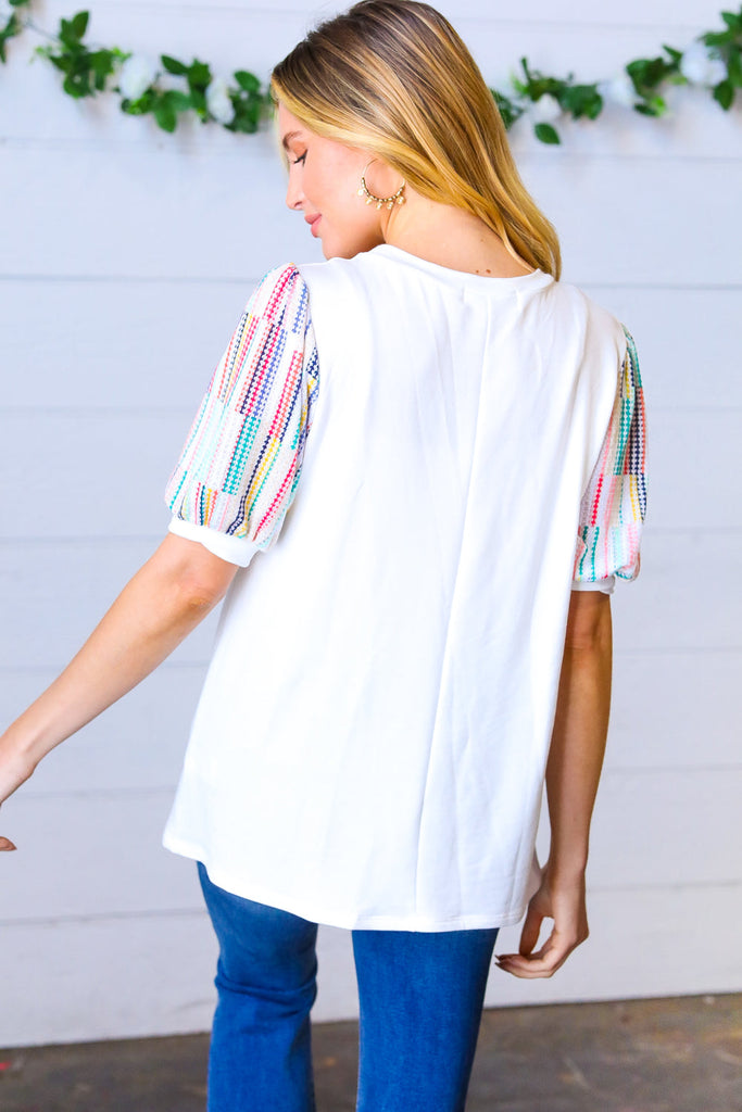 Haptics Ivory Multicolor Vertical Stripe Puff Sleeve Top Haptics