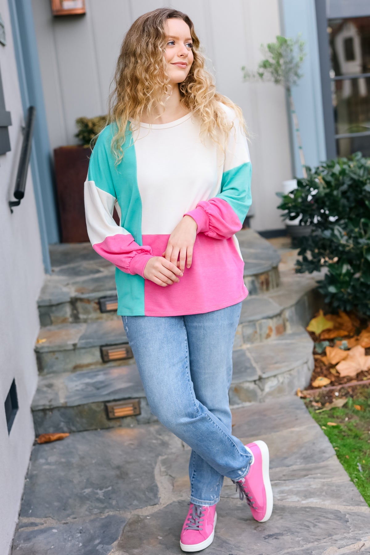 Haptics The Slouchy Mint & Pink Drop Shoulder Terry Color Block Top Final Sale Haptics