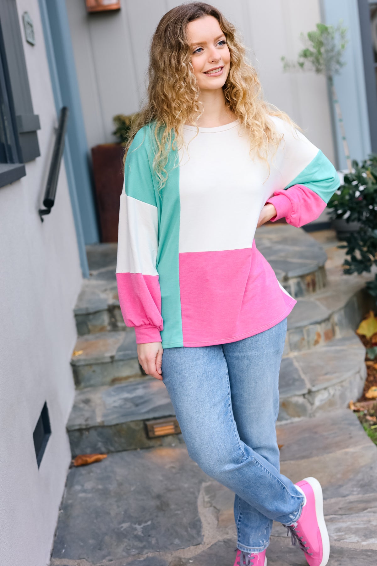 Haptics The Slouchy Mint & Pink Drop Shoulder Terry Color Block Top Final Sale Haptics