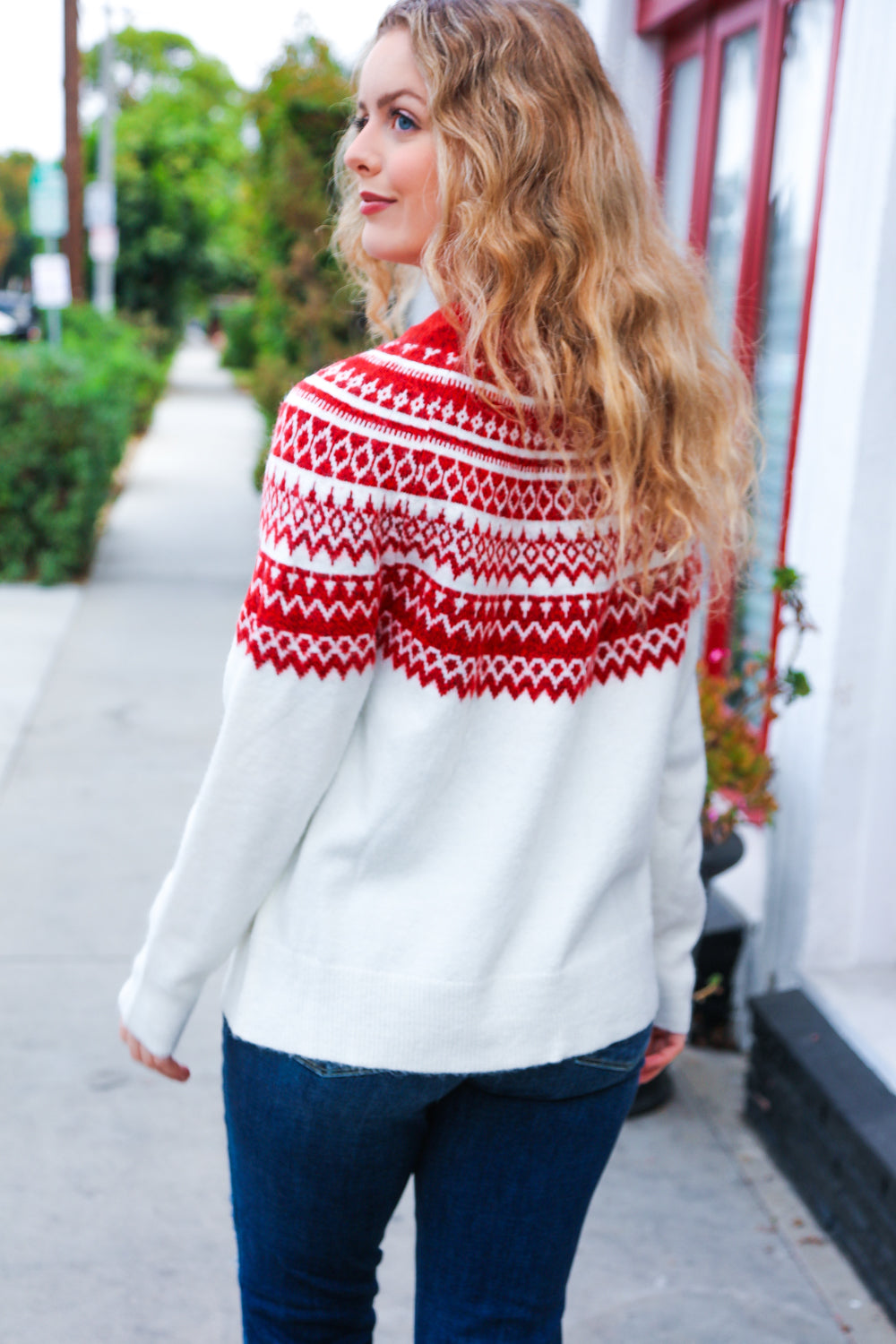 Haptics Feeling Festive Ivory & Red Fair Isle Mock Neck Sweater Haptics