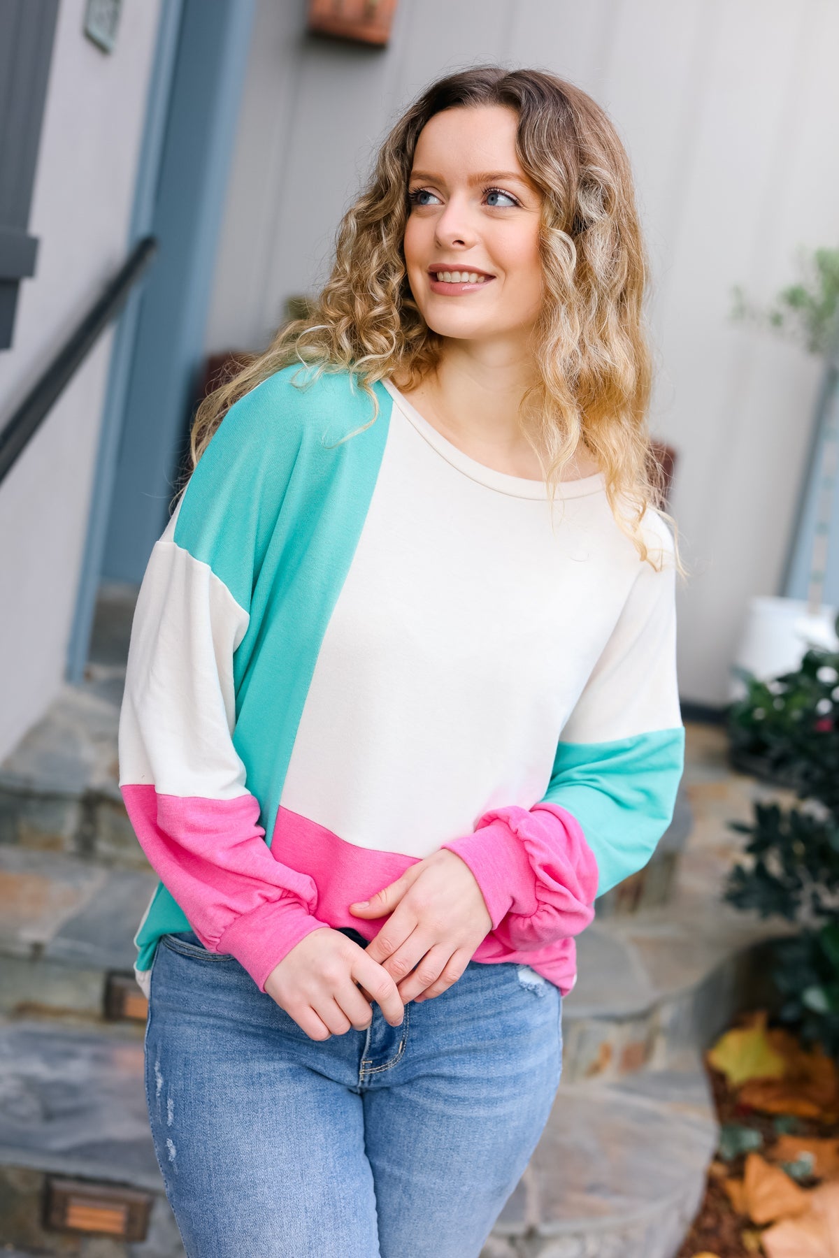 Haptics The Slouchy Mint & Pink Drop Shoulder Terry Color Block Top Final Sale Haptics