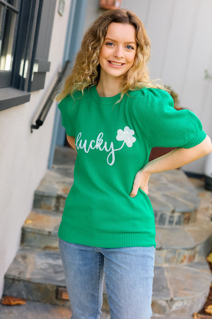 Haptics Lucky Lady Shamrock Green Sequin Puff Sleeve Knit Top Haptics