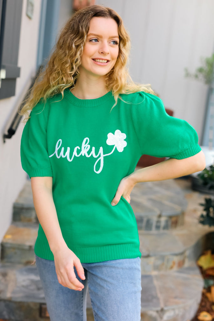 Haptics Lucky Lady Shamrock Green Sequin Puff Sleeve Knit Top Haptics
