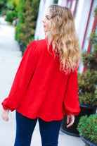 Haptics Be Merry Red Frill Mock Neck Crinkle Woven Top Haptics