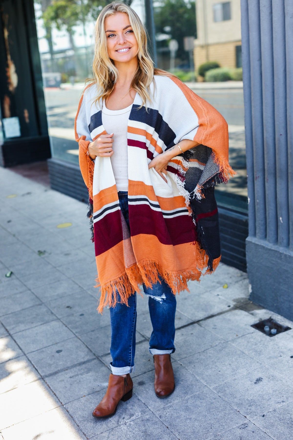 Haptics Follow Me Rust Multicolor Stripe Tassel Fringe Open Poncho Haptics