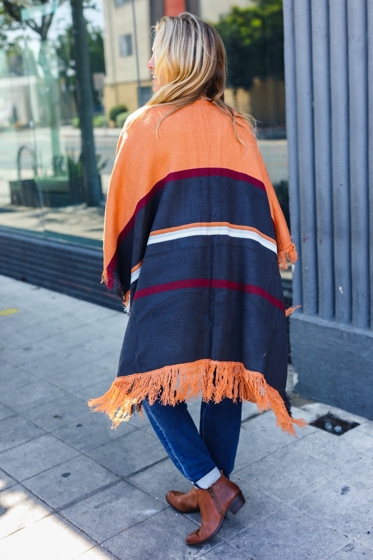 Haptics Follow Me Rust Multicolor Stripe Tassel Fringe Open Poncho Haptics