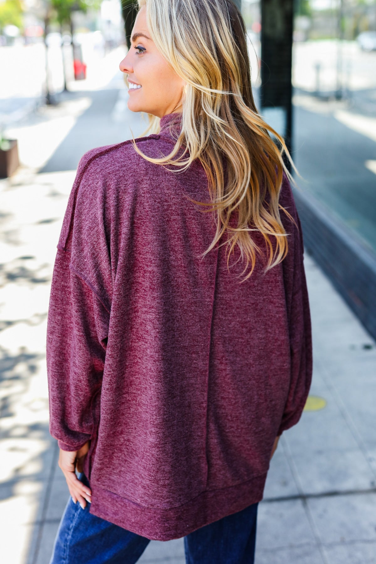 Zenana Weekend Ready Burgundy Brushed Mélange Mock Neck Sweater