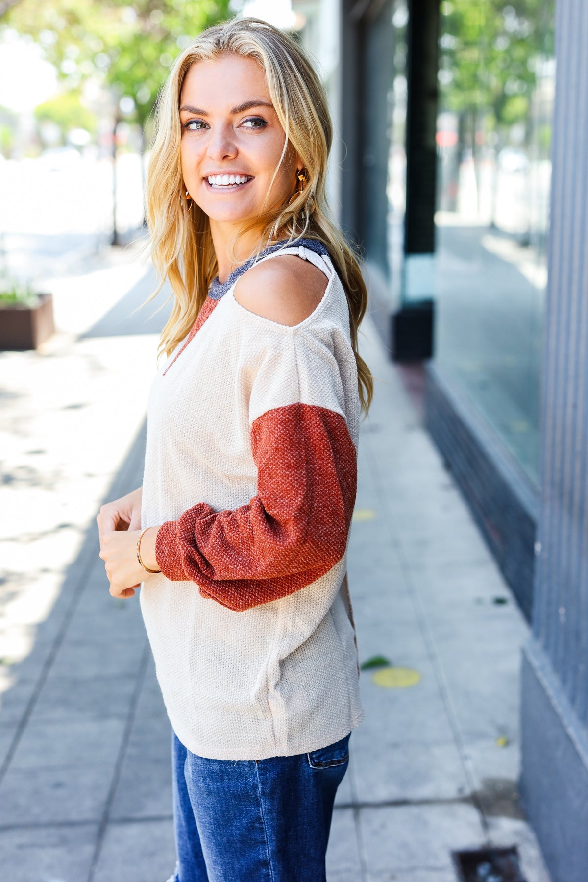 Haptics Oatmeal Textured Sweater Knit Cold Shoulder Top Final Sale