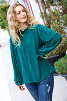 Haptics Hunter Green Frill Mock Neck Crinkle Top Haptics