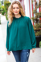 Haptics Hunter Green Frill Mock Neck Crinkle Top Haptics