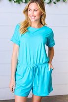 Zenana Ice Blue Brushed Knit Elastic Waist Pocketed Romper