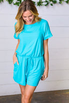 Zenana Ice Blue Brushed Knit Elastic Waist Pocketed Romper