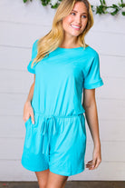 Zenana Ice Blue Brushed Knit Elastic Waist Pocketed Romper