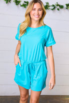 Zenana Ice Blue Brushed Knit Elastic Waist Pocketed Romper