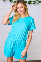 Zenana Ice Blue Brushed Knit Elastic Waist Pocketed Romper