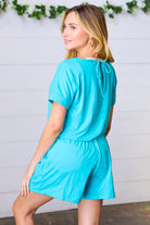 Zenana Ice Blue Brushed Knit Elastic Waist Pocketed Romper