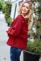 Haptics Adorable in Red Gingham Shirred Mock Neck Top Haptics