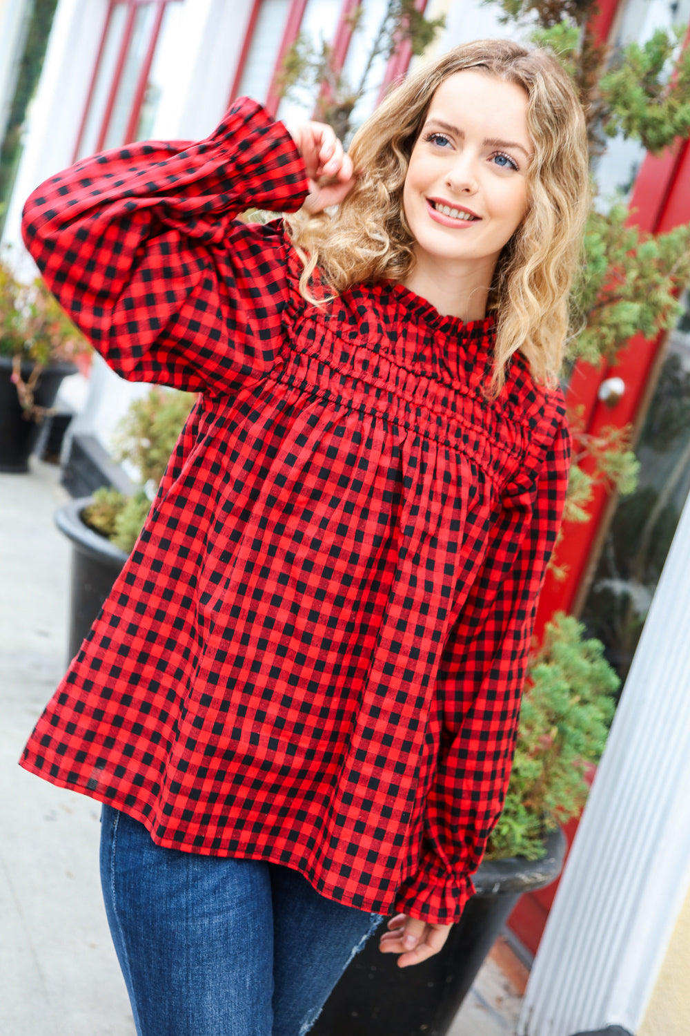 Haptics Adorable in Red Gingham Shirred Mock Neck Top Haptics