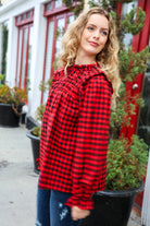 Haptics Adorable in Red Gingham Shirred Mock Neck Top Haptics