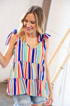 Haptics Multicolor Vertical Stripe Tie Bow Woven Top Final Sale