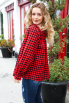 Haptics Adorable in Red Gingham Shirred Mock Neck Top Haptics