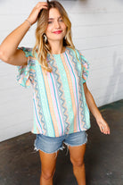 Haptics Multicolor Boho Stripe Smocked Ruffle Frill Sleeve Top Haptics