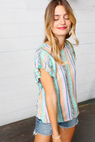 Haptics Multicolor Boho Stripe Smocked Ruffle Frill Sleeve Top Haptics