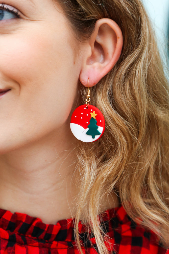 Gilded Lady Red Christmas Tree Snow Round Clay Earrings Gilded Lilly