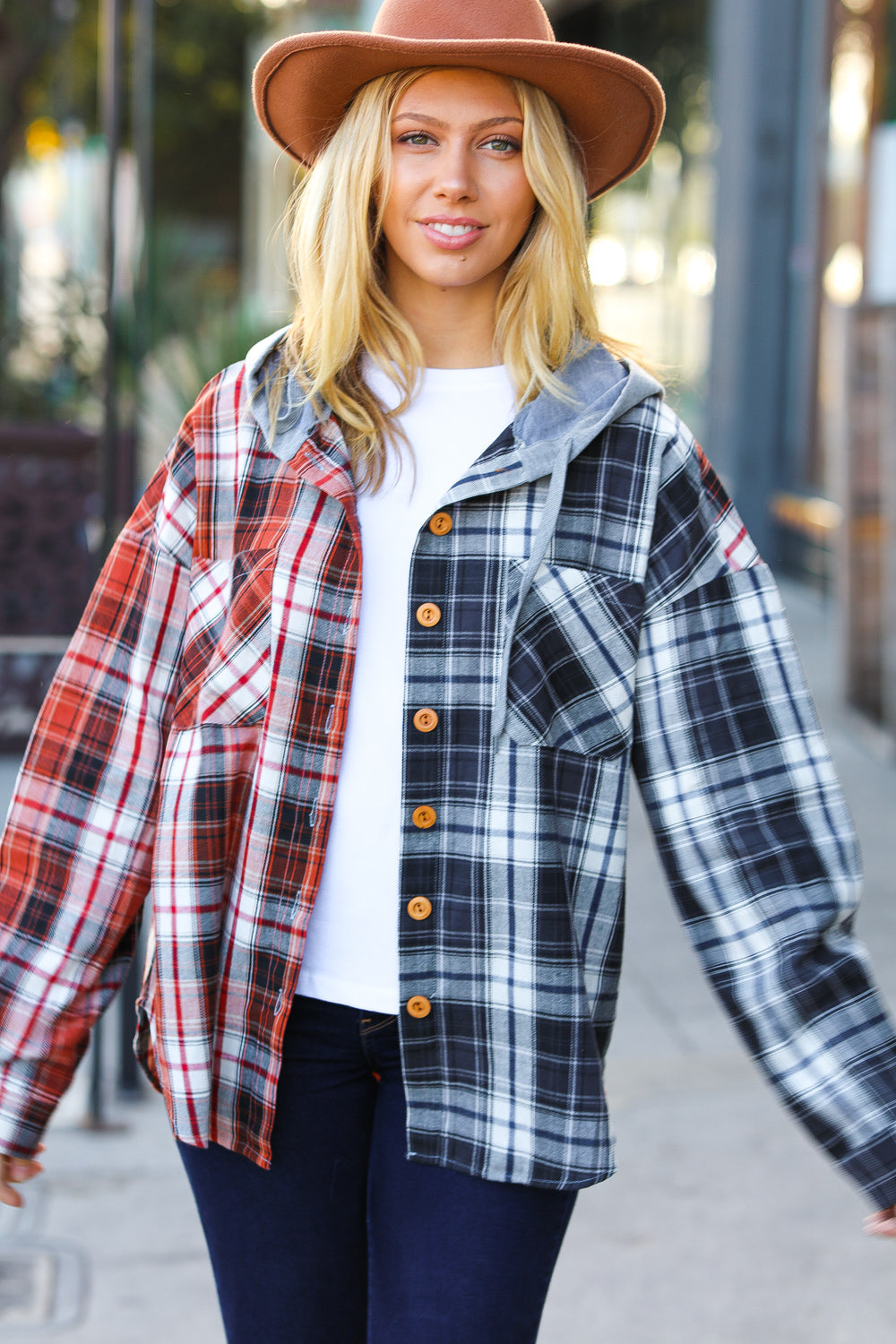 Haptics Rust & Charcoal Plaid Colorblock Hoodie Shacket Haptics