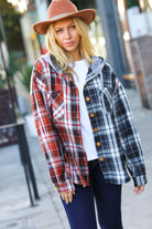 Haptics Rust & Charcoal Plaid Colorblock Hoodie Shacket Haptics