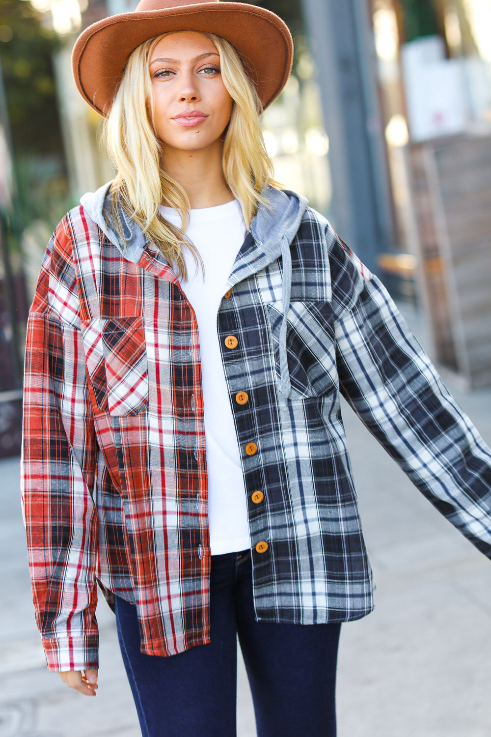 Haptics Rust & Charcoal Plaid Colorblock Hoodie Shacket Haptics