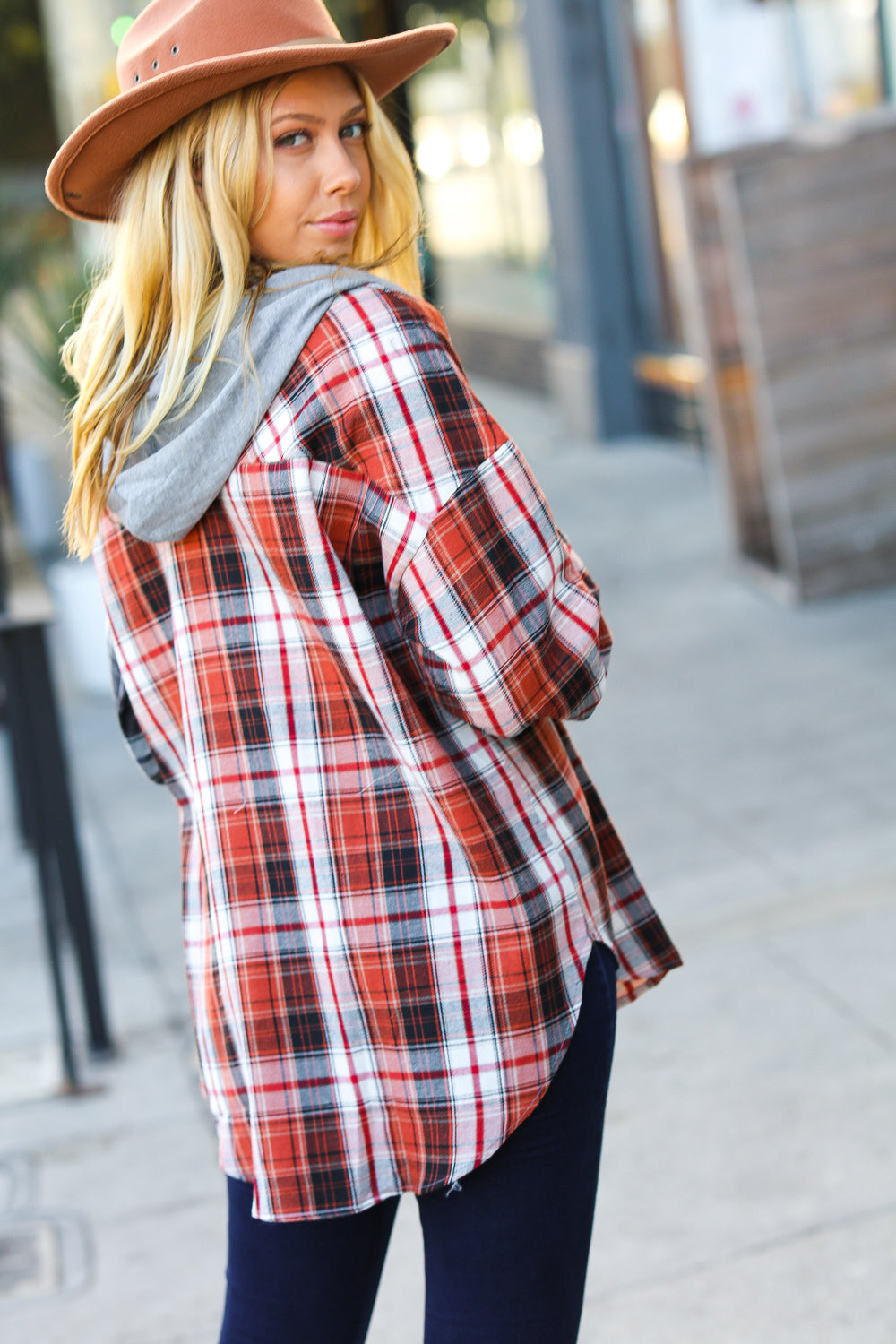 Haptics Rust & Charcoal Plaid Colorblock Hoodie Shacket Haptics