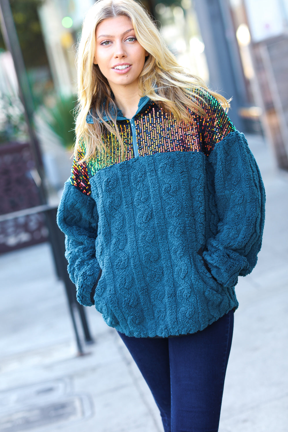 Haptics Going With You Teal Sequin & Sherpa Half Zip Pullover Bloom 2023 Winter Sale