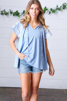 Sugarfox Blue Floral & Stripe V Neck Tie Double Flutter Sleeve Top