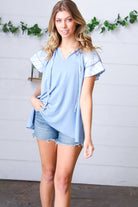 Sugarfox Blue Floral & Stripe V Neck Tie Double Flutter Sleeve Top